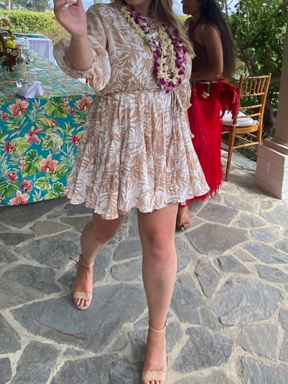 Aakaa - Tan and White Botanical Print Dress